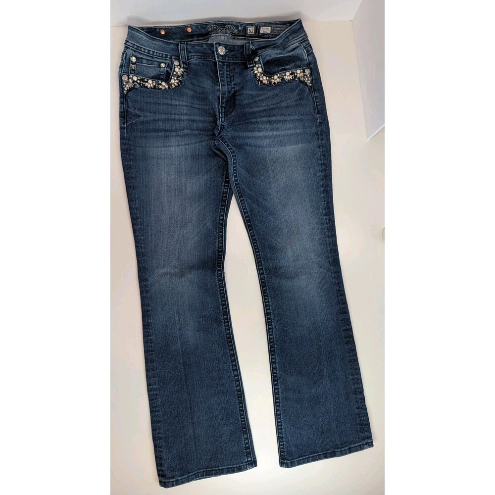 Miss Me Jeans Women's Size 32 Mid Rise Boot Pearl Rhinestone AS-IS Stones